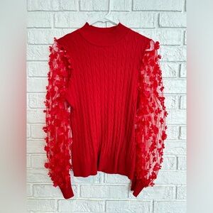 Cato Red Sweater With Floral Sheer Sleeves- Beautiful Feminine Details- Size L